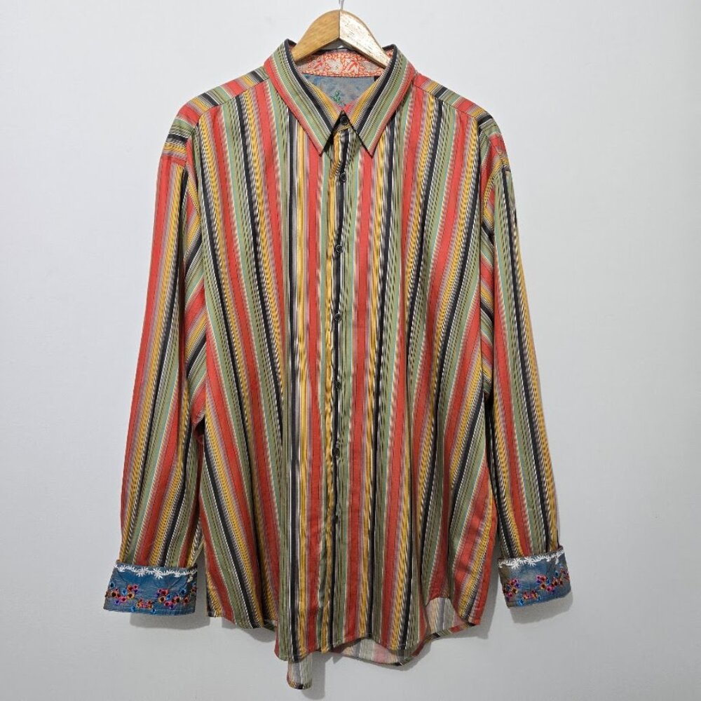 Robert Graham Mens Striped Button Up Shirt Sz 2XL Cotton Silk Trim Contrast Cuff